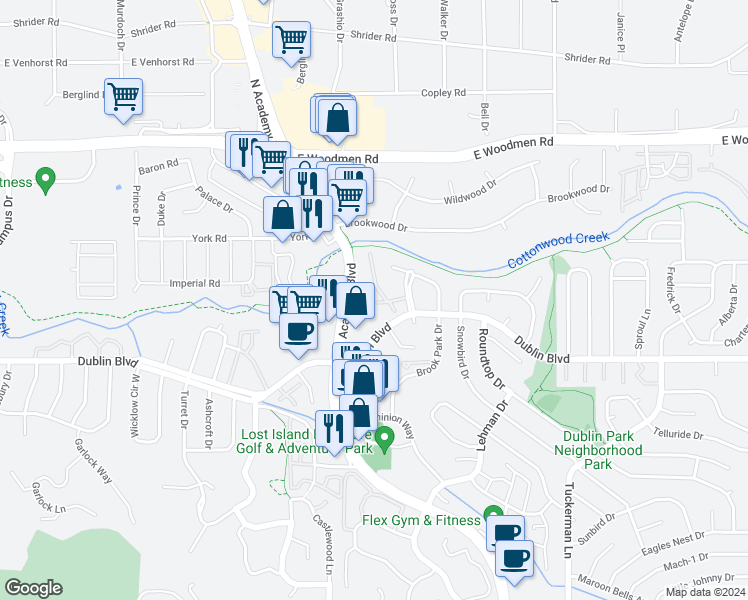 map of restaurants, bars, coffee shops, grocery stores, and more near 6655 North Academy Boulevard in Colorado Springs