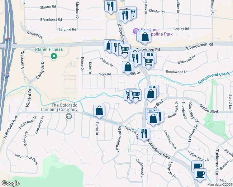 map of restaurants, bars, coffee shops, grocery stores, and more near 1431 Imperial Road in Colorado Springs