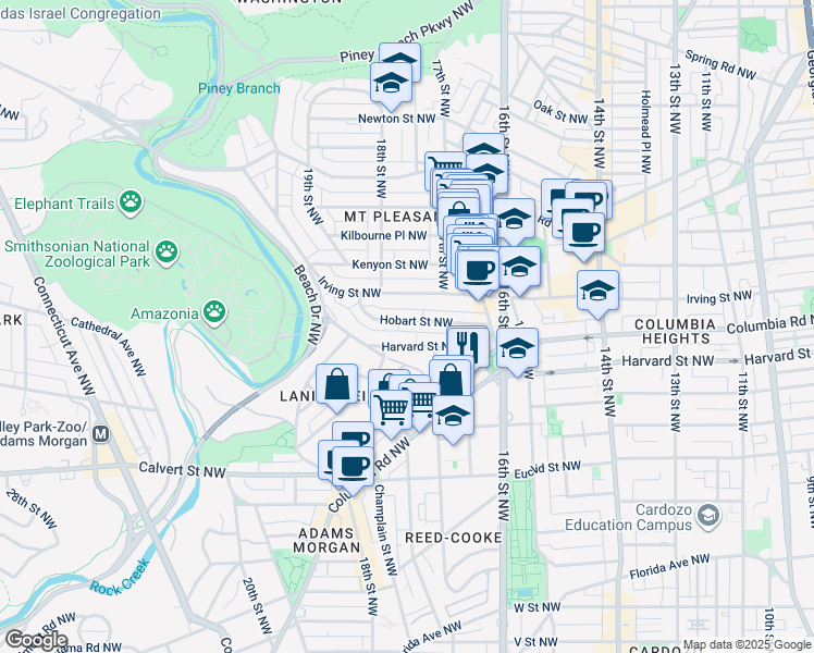 map of restaurants, bars, coffee shops, grocery stores, and more near 1712 Hobart Street Northwest in Washington