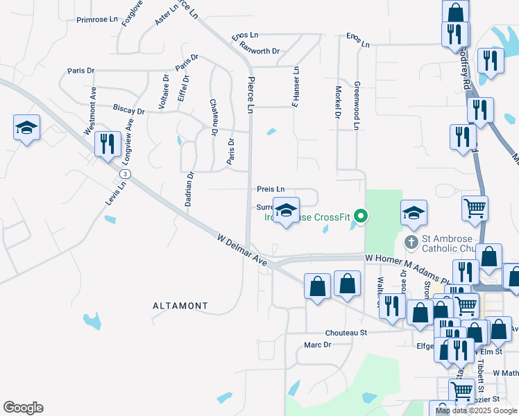 map of restaurants, bars, coffee shops, grocery stores, and more near Highway 3 in Godfrey