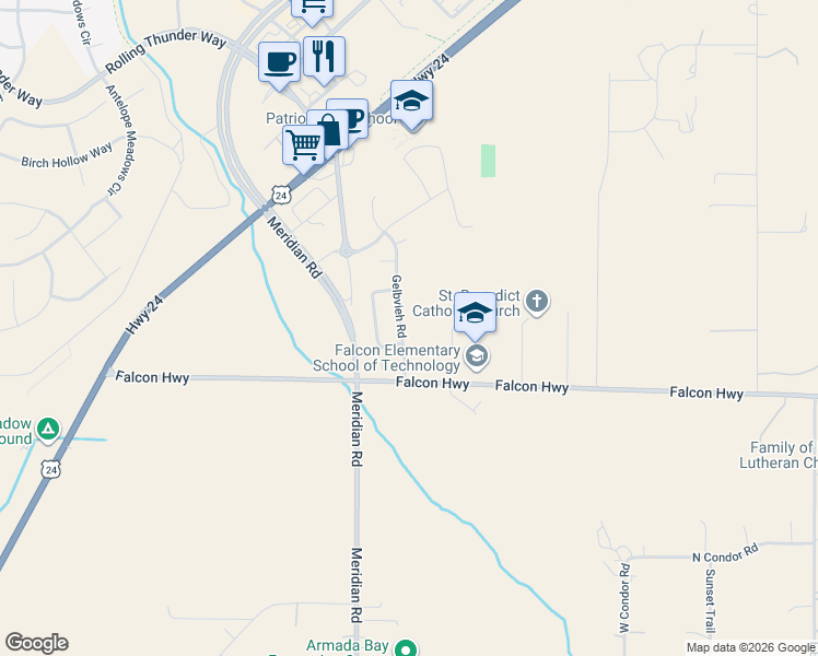 map of restaurants, bars, coffee shops, grocery stores, and more near 6539 Gelbvieh Road in Peyton