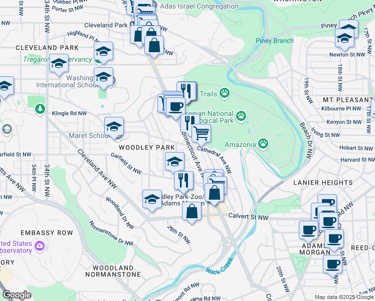 map of restaurants, bars, coffee shops, grocery stores, and more near 2852 Connecticut Avenue Northwest in Washington