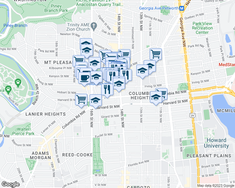 map of restaurants, bars, coffee shops, grocery stores, and more near 1401 Columbia Road Northwest in Washington