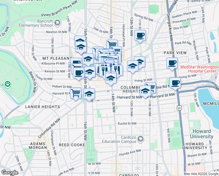 map of restaurants, bars, coffee shops, grocery stores, and more near 101 Independence Avenue Southeast in Washington