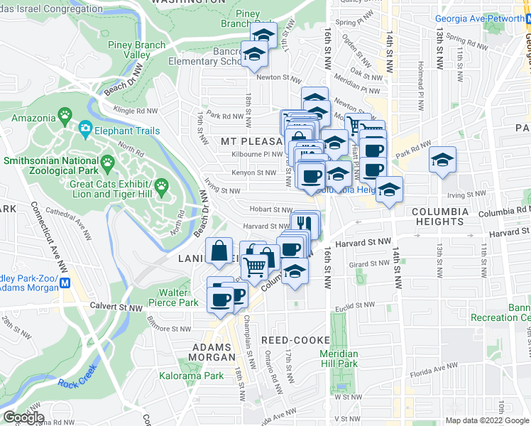 map of restaurants, bars, coffee shops, grocery stores, and more near 1710 Hobart Street Northwest in Washington