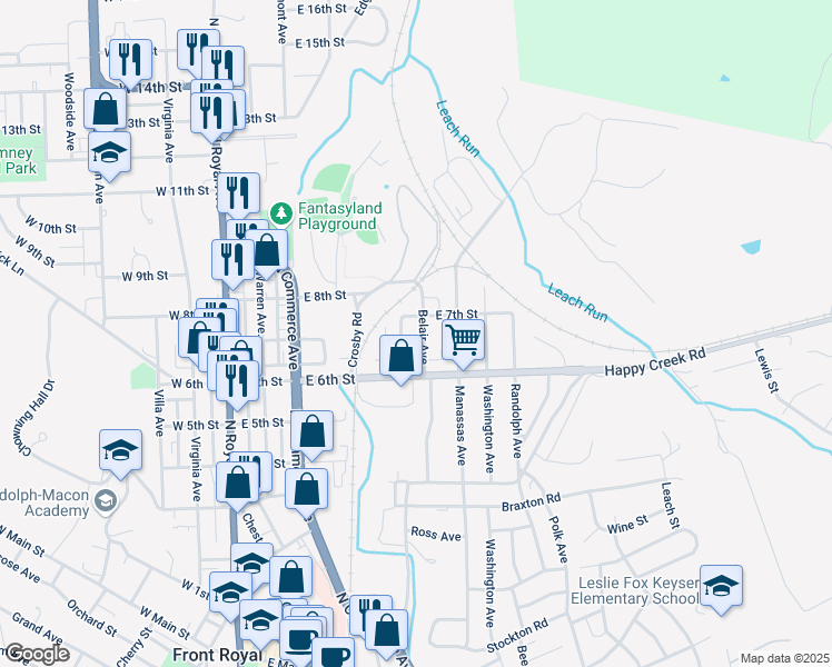 map of restaurants, bars, coffee shops, grocery stores, and more near 636 Belair Avenue in Front Royal