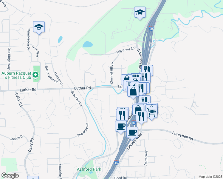 map of restaurants, bars, coffee shops, grocery stores, and more near 13296 Luther Road in Auburn