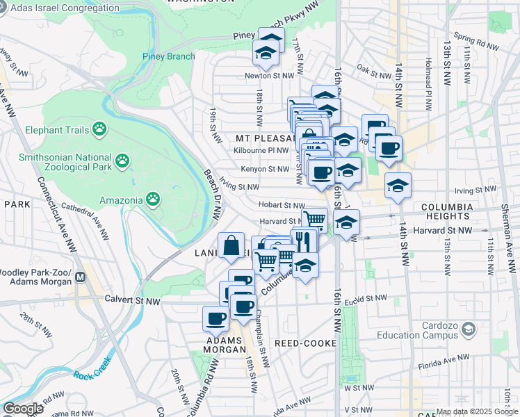 map of restaurants, bars, coffee shops, grocery stores, and more near 1744 Hobart Street Northwest in Washington