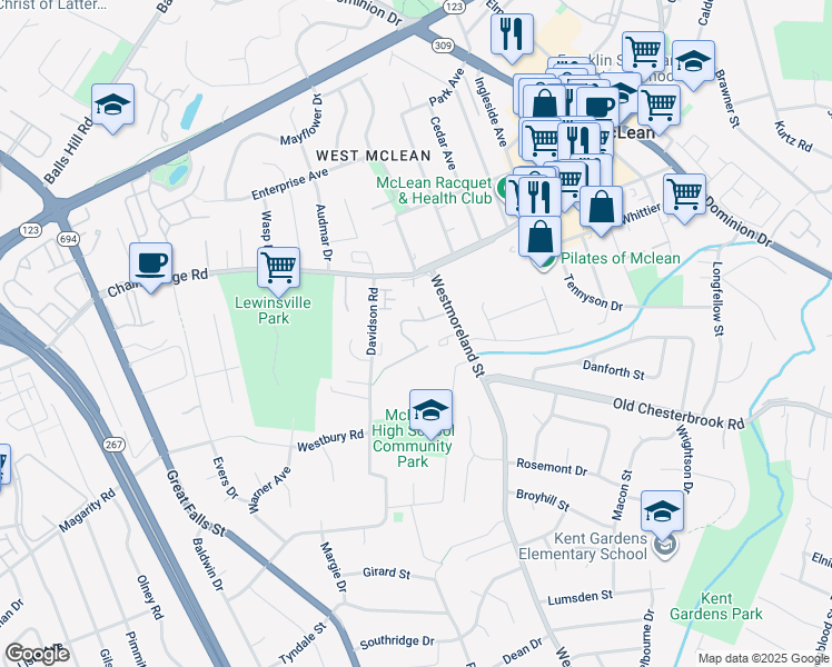 map of restaurants, bars, coffee shops, grocery stores, and more near 1603 Dunterry Place in McLean