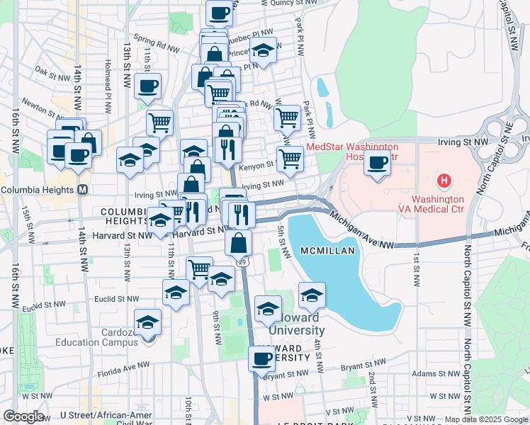 map of restaurants, bars, coffee shops, grocery stores, and more near 101 Independence Avenue Southeast in Washington