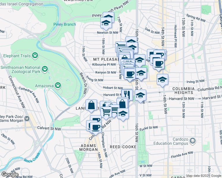 map of restaurants, bars, coffee shops, grocery stores, and more near 1710 Hobart Street Northwest in Washington
