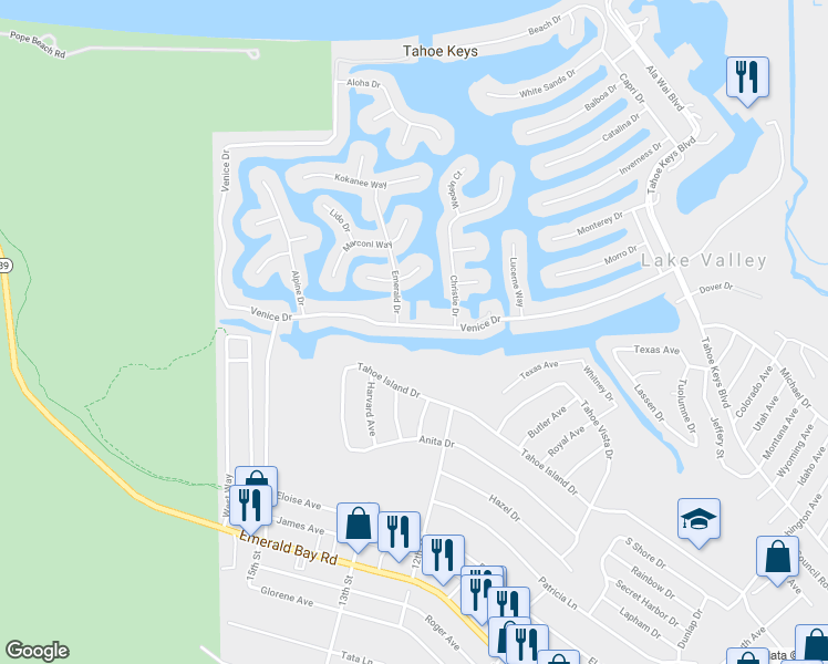 map of restaurants, bars, coffee shops, grocery stores, and more near 2016 Venice Drive in South Lake Tahoe