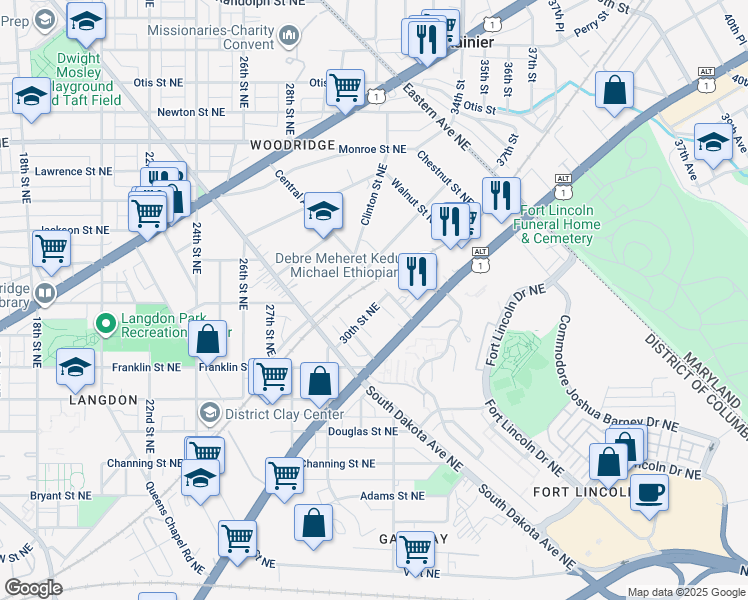 map of restaurants, bars, coffee shops, grocery stores, and more near 2840 30th Street Northeast in Washington