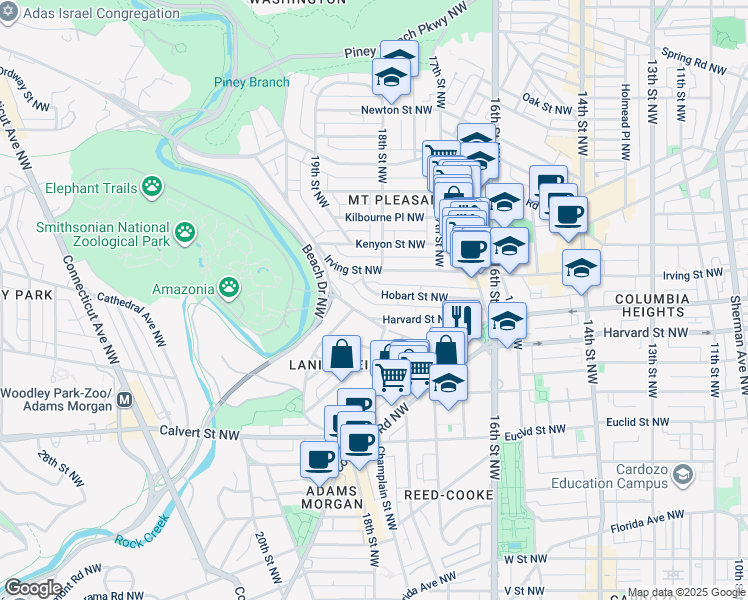 map of restaurants, bars, coffee shops, grocery stores, and more near 1748 Hobart Street Northwest in Washington