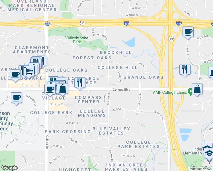 map of restaurants, bars, coffee shops, grocery stores, and more near 11100 College Blvd in Overland Park