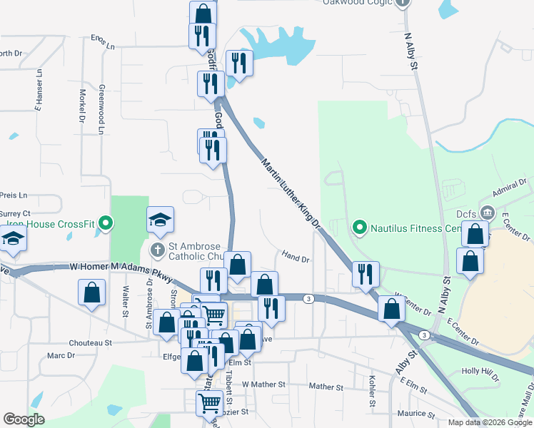 map of restaurants, bars, coffee shops, grocery stores, and more near 380 Hand Drive in Godfrey