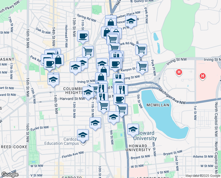 map of restaurants, bars, coffee shops, grocery stores, and more near 744 Columbia Road Northwest in Washington