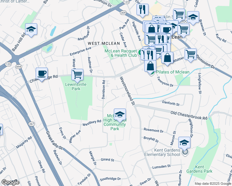 map of restaurants, bars, coffee shops, grocery stores, and more near 1603 Dunterry Place in McLean