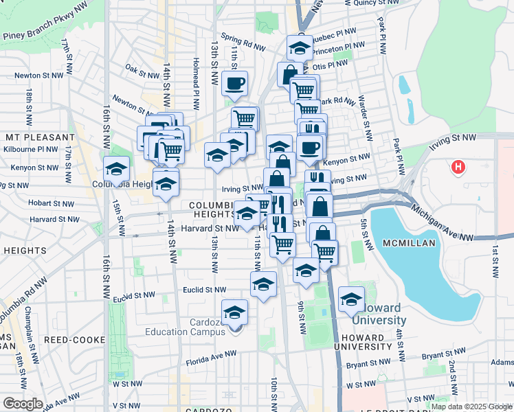 map of restaurants, bars, coffee shops, grocery stores, and more near 3001 11th Street Northwest in Washington