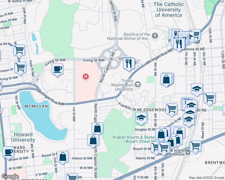 map of restaurants, bars, coffee shops, grocery stores, and more near 3081 Hawthorne Drive Northeast in Washington