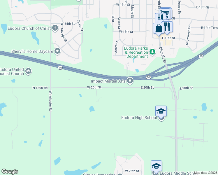 map of restaurants, bars, coffee shops, grocery stores, and more near 545 West 20th Street in Eudora