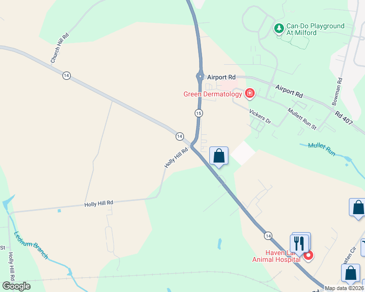 map of restaurants, bars, coffee shops, grocery stores, and more near 1125 Milford Harrington Highway in Milford