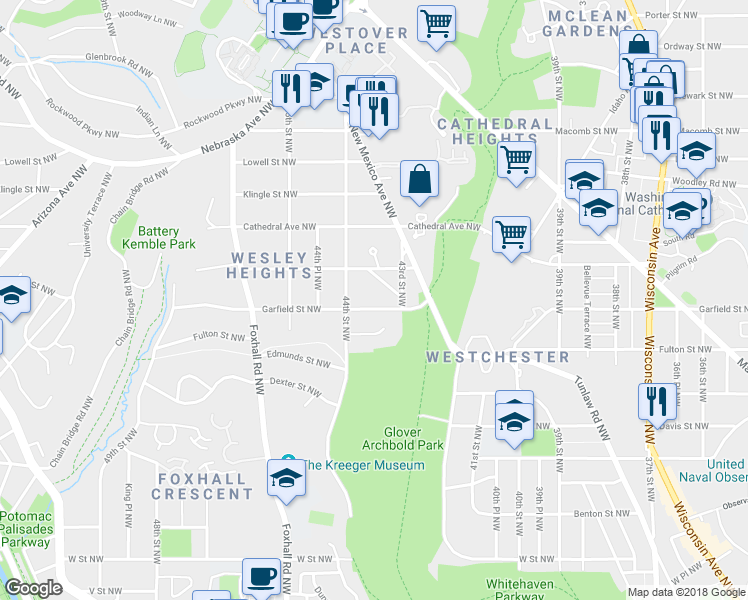 map of restaurants, bars, coffee shops, grocery stores, and more near 4331 Garfield Street Northwest in Washington