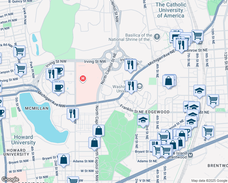 map of restaurants, bars, coffee shops, grocery stores, and more near 3081 Hawthorne Drive Northeast in Washington
