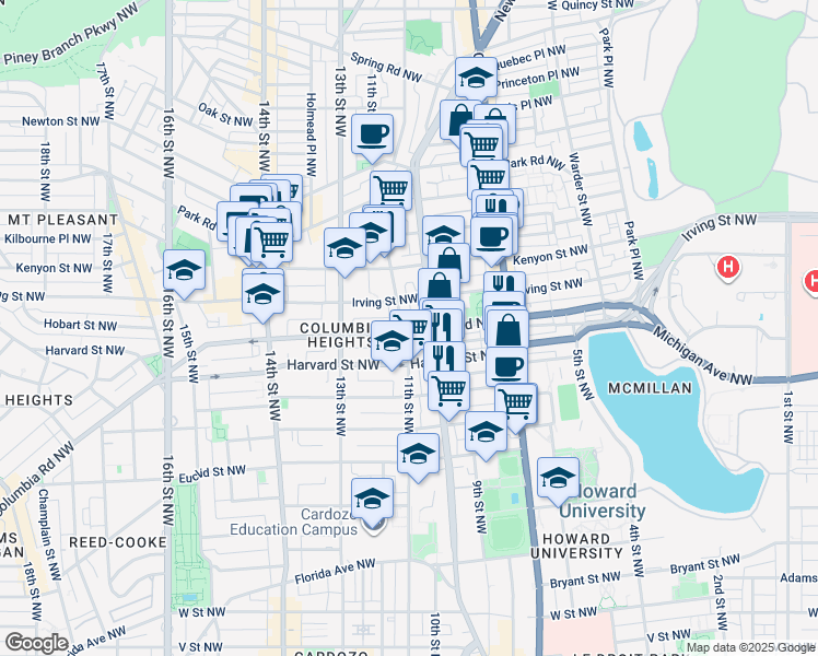 map of restaurants, bars, coffee shops, grocery stores, and more near 3001 11th Street Northwest in Washington