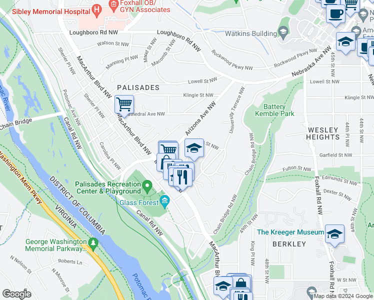 map of restaurants, bars, coffee shops, grocery stores, and more near 2836 Hurst Terrace Northwest in Washington