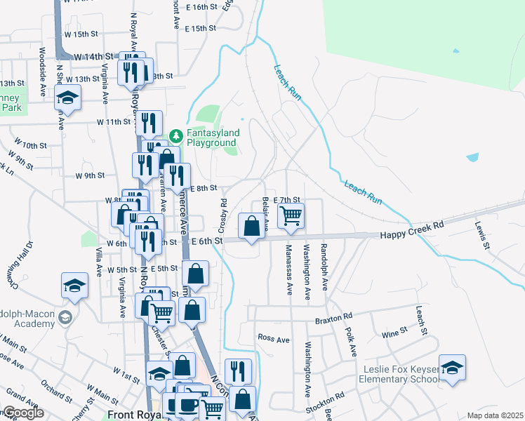 map of restaurants, bars, coffee shops, grocery stores, and more near 636 Belair Avenue in Front Royal