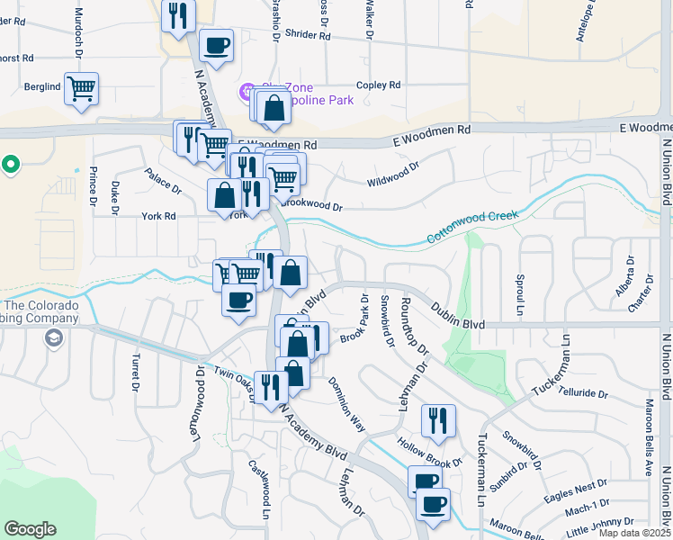 map of restaurants, bars, coffee shops, grocery stores, and more near 7320 Dublin Place in Colorado Springs