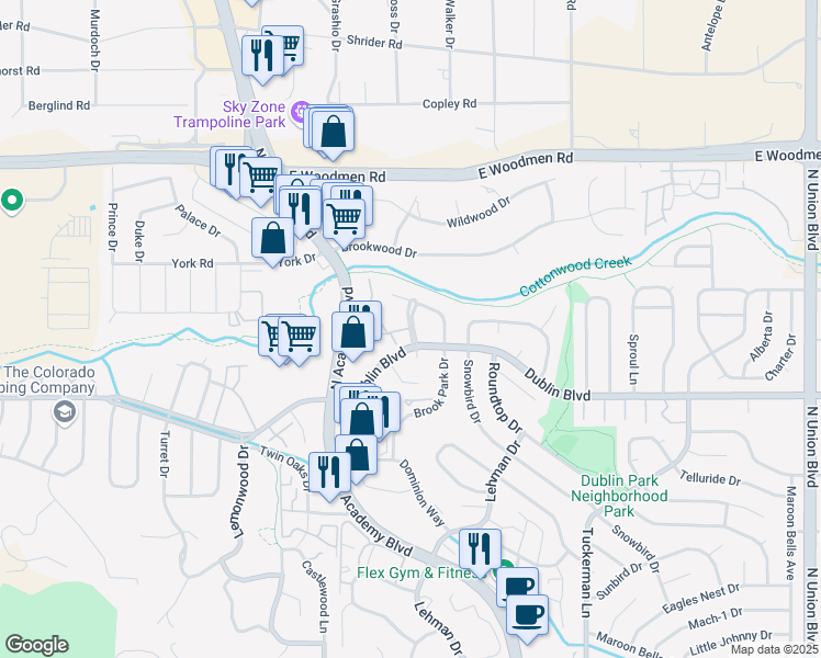 map of restaurants, bars, coffee shops, grocery stores, and more near 7320 Dublin Place in Colorado Springs