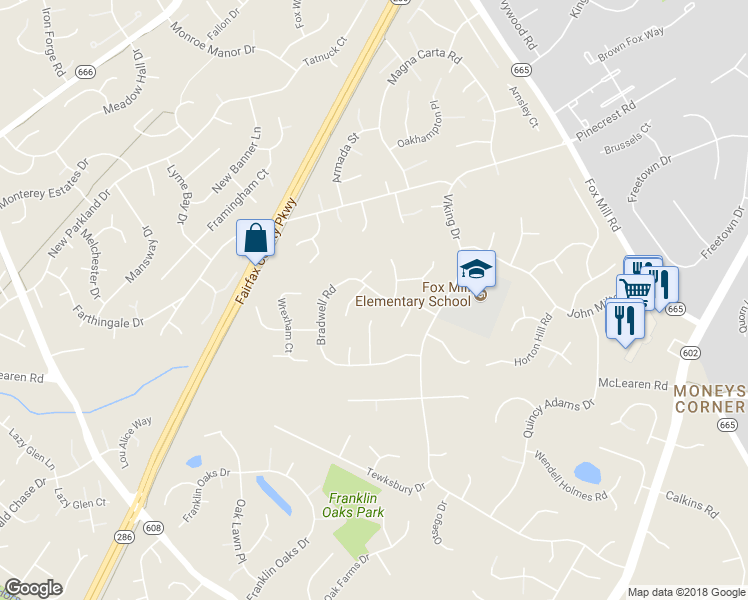 map of restaurants, bars, coffee shops, grocery stores, and more near 12715 Bradwell Road in Herndon