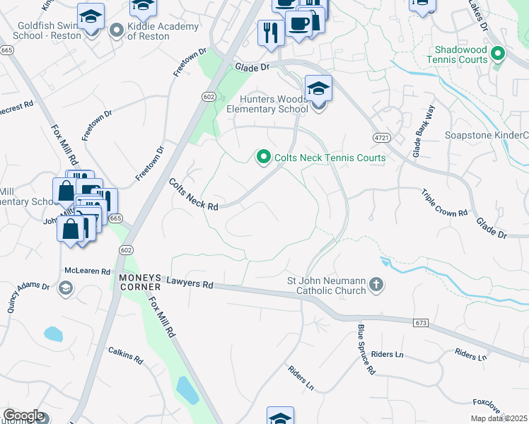 map of restaurants, bars, coffee shops, grocery stores, and more near 12109 Stirrup Road in Reston