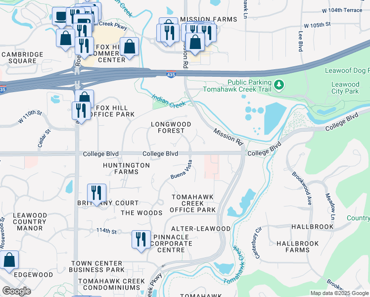 map of restaurants, bars, coffee shops, grocery stores, and more near 11016 Buena Vista Street in Leawood
