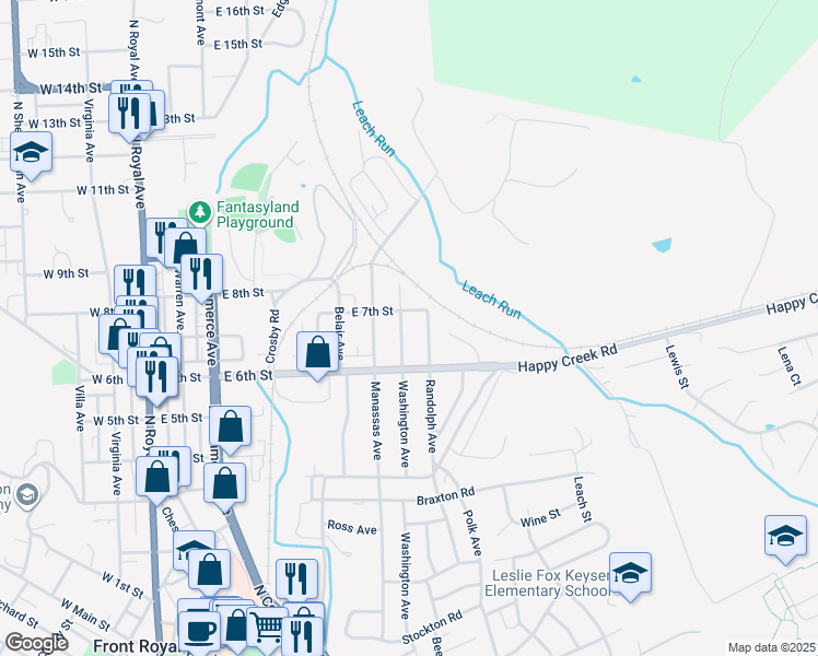 map of restaurants, bars, coffee shops, grocery stores, and more near 625 Washington Avenue in Front Royal