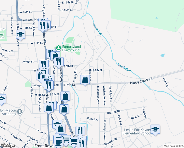 map of restaurants, bars, coffee shops, grocery stores, and more near 637 Belair Avenue in Front Royal