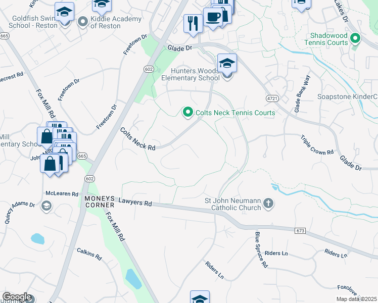 map of restaurants, bars, coffee shops, grocery stores, and more near 12109 Stirrup Road in Reston