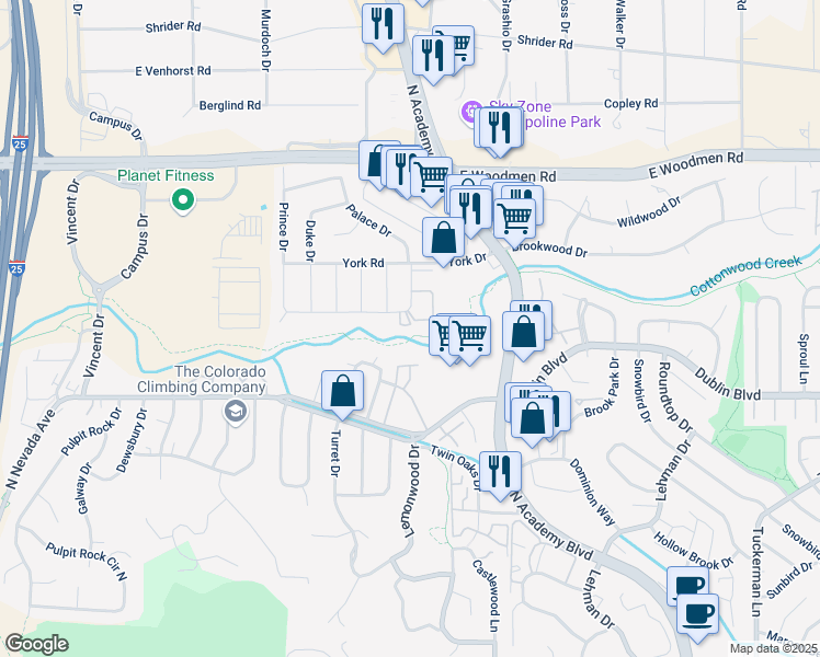 map of restaurants, bars, coffee shops, grocery stores, and more near 1431 Imperial Road in Colorado Springs