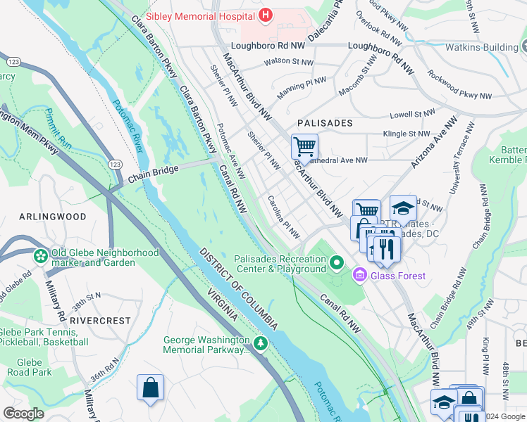 map of restaurants, bars, coffee shops, grocery stores, and more near 5431 Potomac Avenue Northwest in Washington