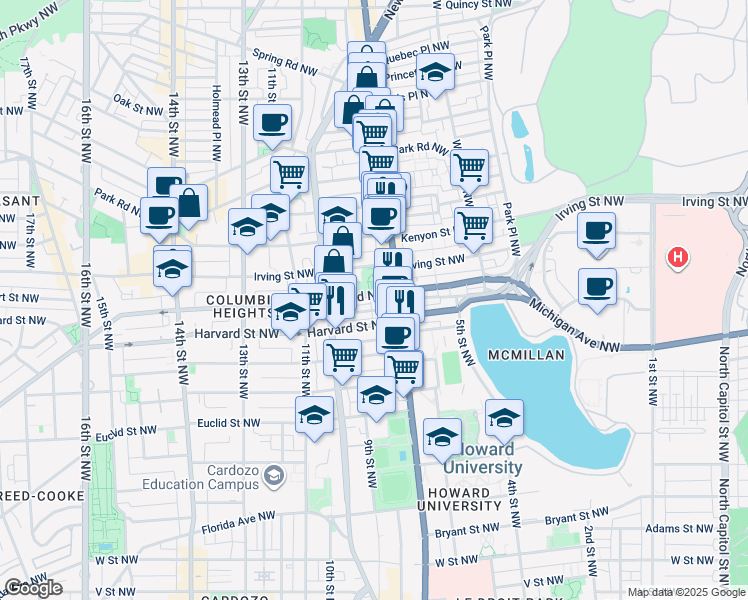 map of restaurants, bars, coffee shops, grocery stores, and more near 732 Columbia Road Northwest in Washington