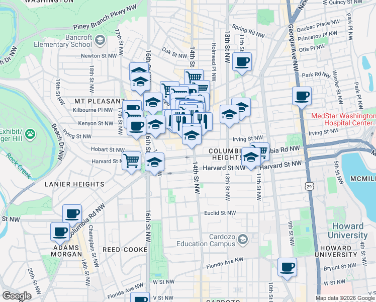 map of restaurants, bars, coffee shops, grocery stores, and more near 101 Independence Avenue Southeast in Washington