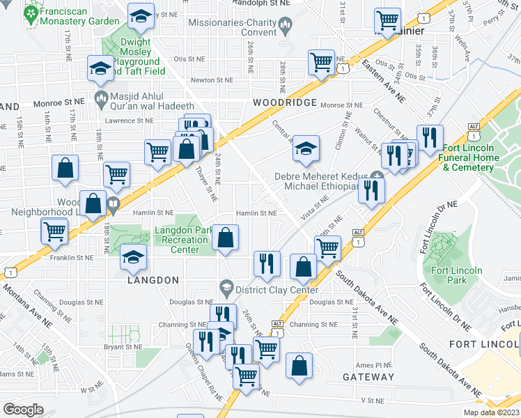 map of restaurants, bars, coffee shops, grocery stores, and more near 2610 Hamlin Street Northeast in Washington