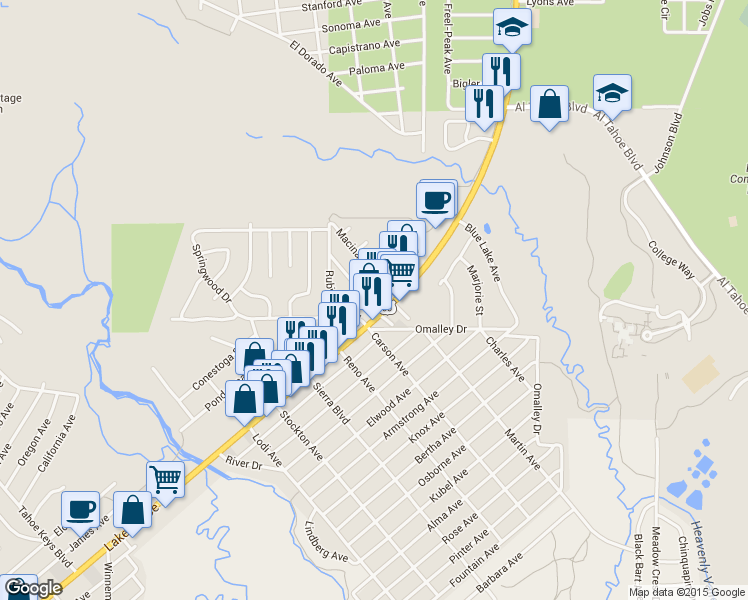 map of restaurants, bars, coffee shops, grocery stores, and more near 2649 Lake Tahoe Boulevard in South Lake Tahoe