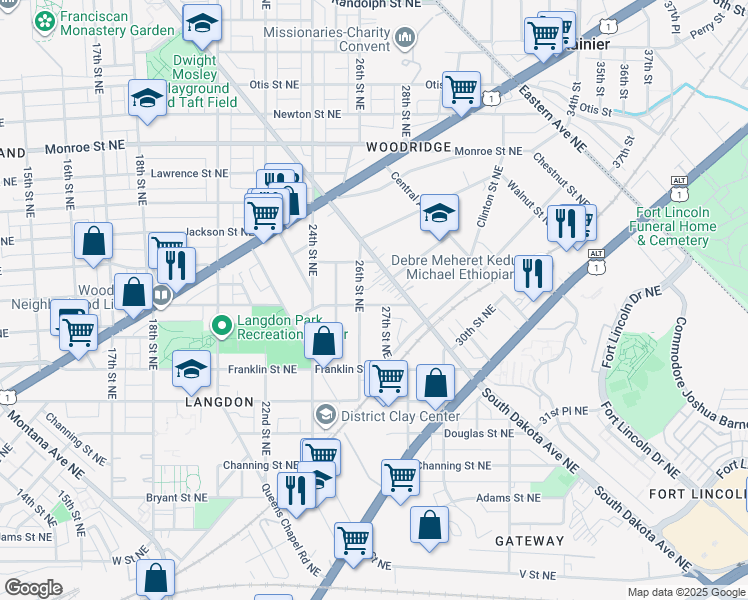 map of restaurants, bars, coffee shops, grocery stores, and more near 2610 Hamlin Street Northeast in Washington