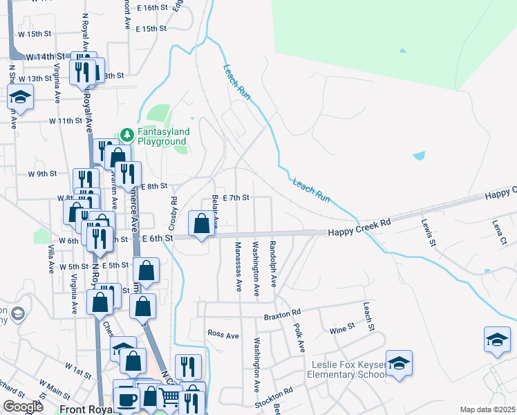 map of restaurants, bars, coffee shops, grocery stores, and more near 625 Washington Avenue in Front Royal