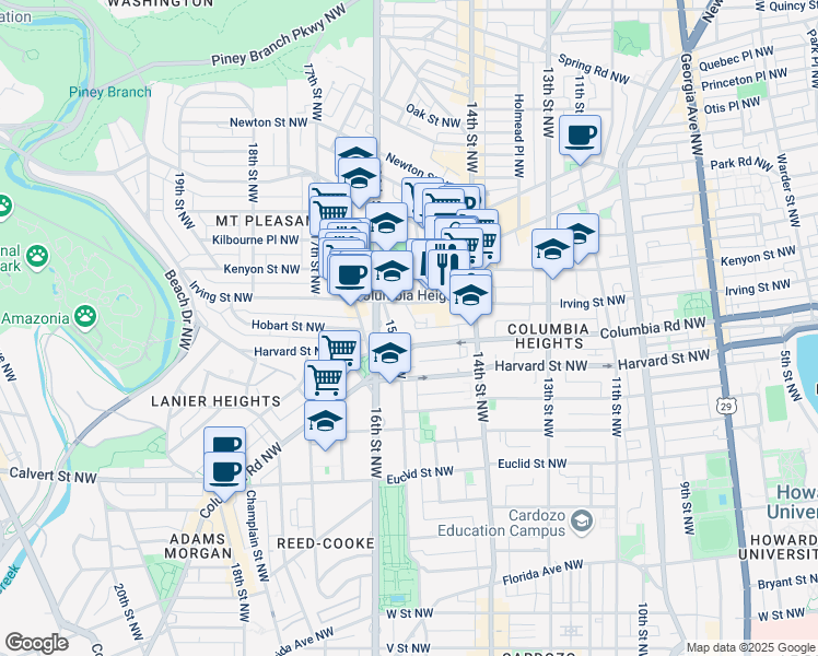 map of restaurants, bars, coffee shops, grocery stores, and more near 3025 15th Street Northwest in Washington