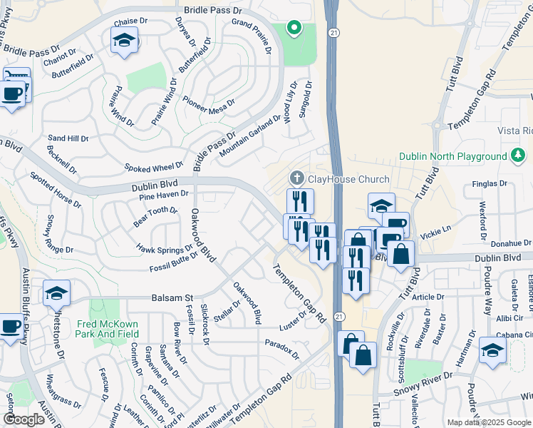 map of restaurants, bars, coffee shops, grocery stores, and more near 6539 Pennywhistle Point in Colorado Springs