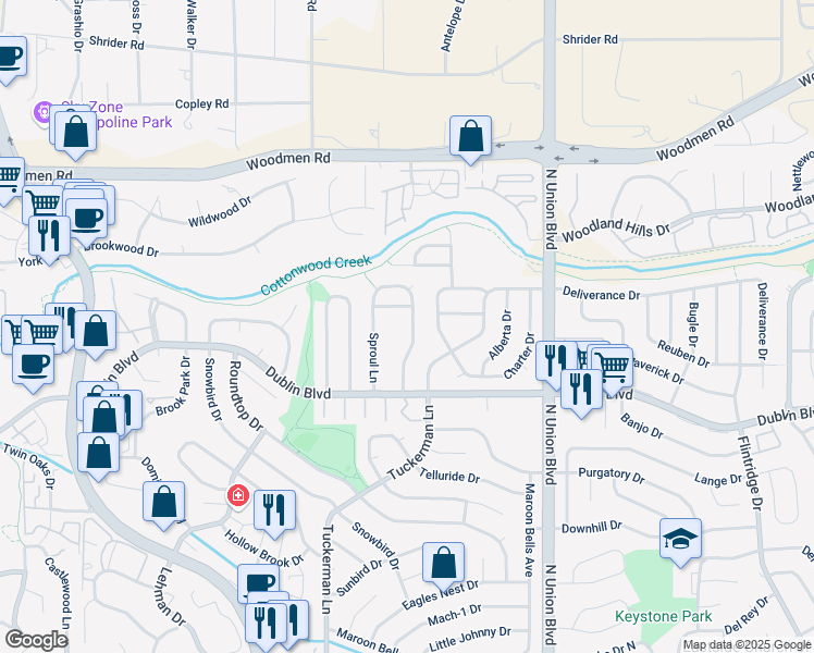 map of restaurants, bars, coffee shops, grocery stores, and more near 6909 Sproul Lane in Colorado Springs